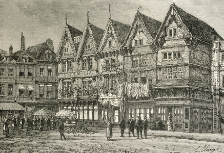 Old houses in Valenciennes, France, in the 19th century, from 'French Pictures' by Rev. Samuel G. Green, published 1878 (litho)