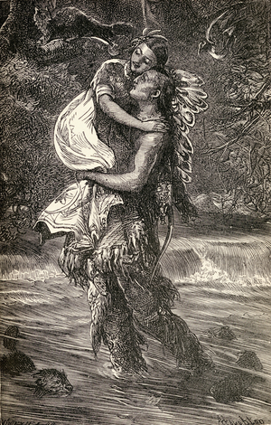 Hiawatha and Minnehaha, illustration from the poem 'Hiawatha' by Henry Wadsworth Longfellow (1807-82) written in 1855 (litho)