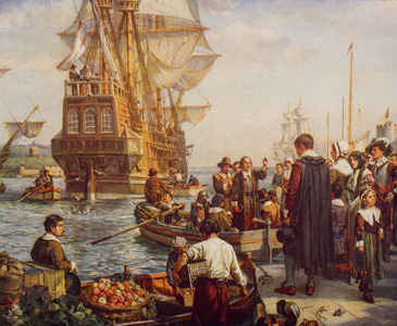 The Departure of the Pilgrim Fathers in 1620, illustration from 'The Outline of History' by H.G. Wells, Volume II, published in 1920 (colour litho)