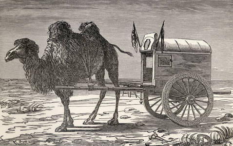 A camel pulling a carriage across the Gobi Desert, Asia, from 'From Paris to Pekin over Siberian Snows' by Victor Meignan, engraved by Smeeton-Tilly (Burne Smeeton (fl.1840-60) and Auguste Tilly (d.1898)), published 1889 (engraving)