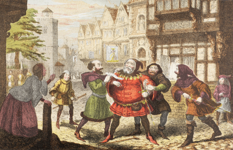 Mrs Quickly has Sir John Falstaff arrested in Henry IV, Part 2, from 'The Illustrated Library Shakespeare', published London 1890 (colour litho)