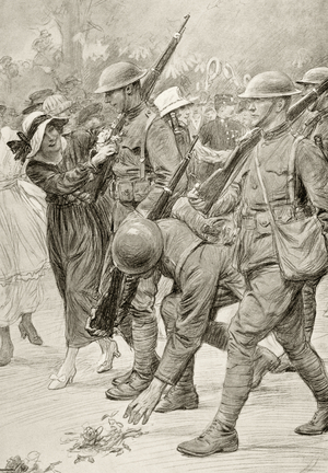 French girls offer flowers to American troops as they march through Paris on Independence Day, 1918 (litho)