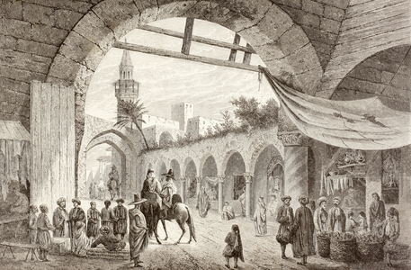 View of a bazaar in Tunis, Tunisia in the 19th century (litho)