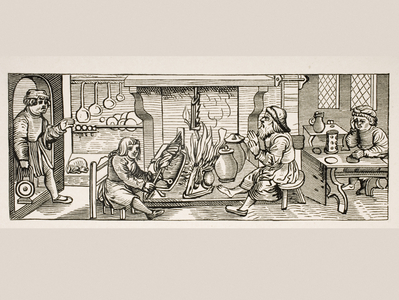 Interior of a Kitchen, after a woodcut in 'Calendarium Romanum' by Jean Staeffler, printed Tubingen, Germany, 1518, from 'Le Moyen Age et La Renaissance' by Paul Lacroix (1806-84) published 1847 (litho)