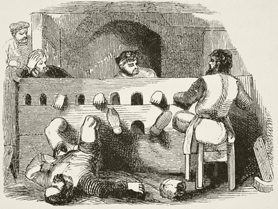 Prisoners locked in the stocks, from 'The National and Domestic History of England' by William Hickman Smith Aubrey (1858-1916) published London, c.1890 (litho)