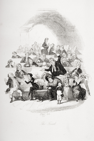The Trial, illustration from `The Pickwick Papers' by Charles Dickens (1812-70) published 1837 (litho) (see also 259103)