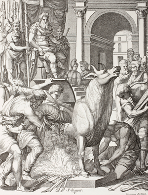 Phalaris condemning the sculptor Perillus to die in the bronze bull, to be roasted alive and his cries will represent the bellowing of the bull, after a 16th century work, from 'Les Arts au Moyen Age', published 1873 (litho)