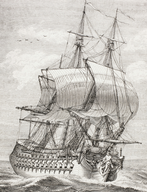 The fifty-eight gun frigate of the French navy with gun ports raised and ready for battle, from 'XVIII Siecle Institutions, Usages et Costumes', published 1875 (litho)