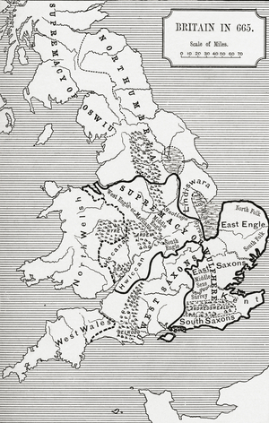 Map of Britain in 665, from The Northumbrian Kingdom 588 to 685 in 'A Short History of the English People' by J. R. Green, published 1893 (litho)