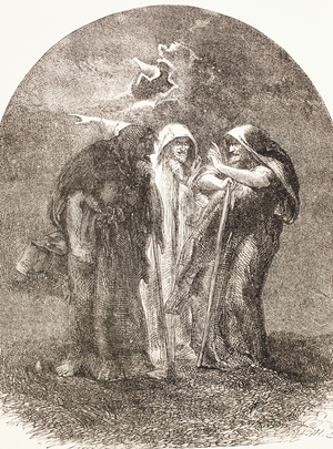 Illustration of the witches from Macbeth, from 'The Illustrated Library Shakespeare', published London 1890 (litho)