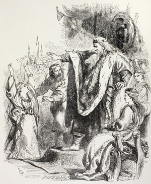 Lear believes Cordelia does not love him and banishes her, illustration from King Lear, from 'The Illustrated Library Shakespeare', published London 1890 (litho)