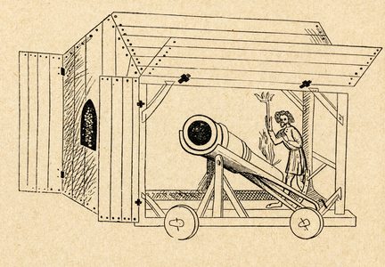 A mobile cannon being fired from a portable shed, from 'Sveriges Historia', by Otto Sjogren, published Malmo 1938 (litho)