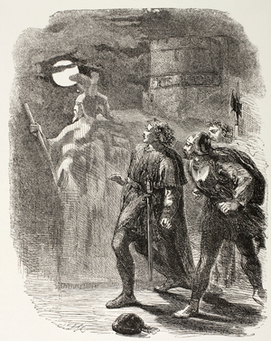Hamlet, Horatio and Marcellus see the Ghost, from 'The Illustrated Library Shakespeare', published London 1890 (litho)