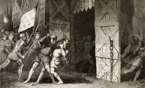 French knights attack an English held city during the 100 Years War, from 'Histoire de France' by Colart, published c.1840 (engraving)