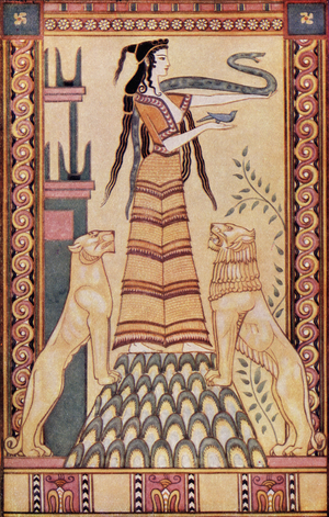 The Snake Goddess of Crete, illustration from 'Myths of Crete and Pre-Hellenic Europe' by Donald A. Mackenzie, published in 1917 (colour litho)
