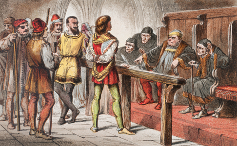 Dogberry speaks in Much Ado About Nothing, Act IV, Scene II, 'Write down that they hope they serve God; and write God first: for God defend but God should go before such villains', from 'The Illustrated Library Shakespeare', published London 1890 (colour litho)