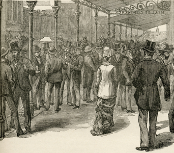 The Exchange at the Hall of Commerce, Collins Street, Melbourne, from 'The World's Inhabitants' by G.T. Bettany, published 1888 (engraving)