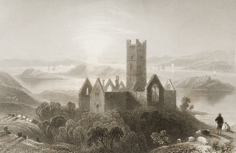 Roserk Abbey, County Mayo, Ireland, from 'Scenery and Antiquities of Ireland' by George Virtue, 1860s (engraving)