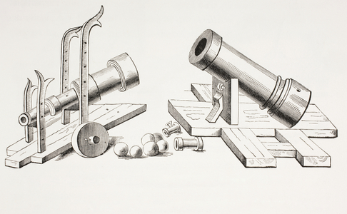 15th century cannons, with fixed gun carriage (right) and rolling gun carriage (left) from 'Les Arts au Moyen Age', published 1873 (litho)