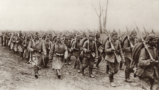 German and Austrian soldiers marching shoulder to shoulder against the Russians during World War I, from 'The Illustrated War News', published in 1915 (litho)