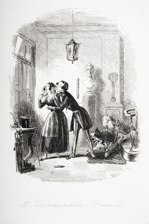 Mr. Toots becomes particular, Diogenes also, illustration from 'Dombey and Son' by Charles Dickens (1812-70) first published 1848 (litho)