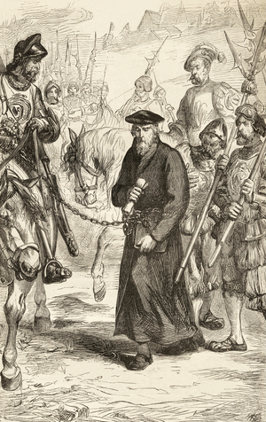 Jerome of Prague in chains on his way to prison, c.1865 (wood engraving)