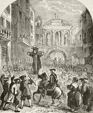 Daniel Defoe in the pillory at the Temple Bar, from 'The National and Domestic History of England' by William Hickman Smith Aubrey (1858-1916) published London, c.1890 (litho)