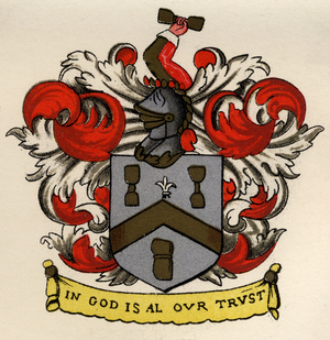 Arms of the Bricklayers and Tilers of the Gateshead Chapter, 1671, from 'The History of Freemasonry, volume II', published by Thomas C. Jack, London, 1883 (colour litho)