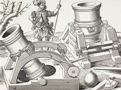 16th Century Mortars on Moveable Carriages, c.1880 (litho)
