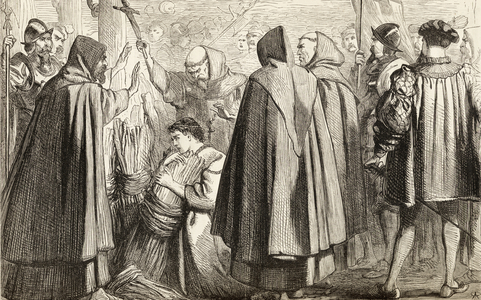 John Frith about to be burnt at the stake for heresy in 1533, c.1865 (wood engraving)