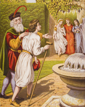 Carnal Security introduces his wife and daughters to Tender Conscience, illustration from 'The Pilgrim's Progress' by John Bunyan (1628-88) (colour litho)