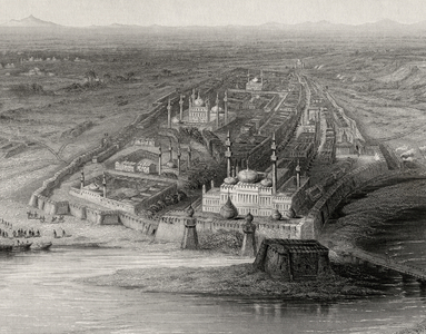 Panoramic view of New and Old Delhi, India (engraving)