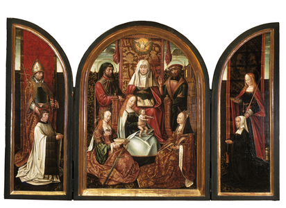 A Canon with St. Livinus (left wing), The Family of St. Anne (centre panel), Donor with St. Elizabeth (right wing), The Annunciation (closed) c.1500-10 (oil on panel)