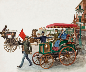 Early Car, with a man with a flag (gouache on paper)