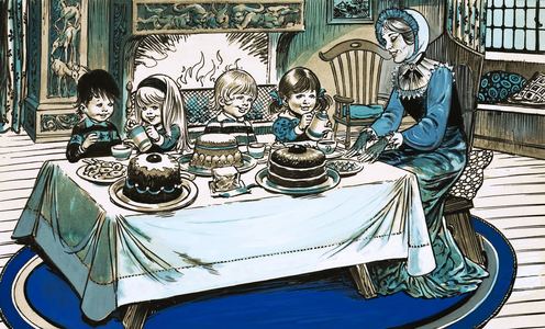 Unidentified scene of children eating a feast before a roaring fire
