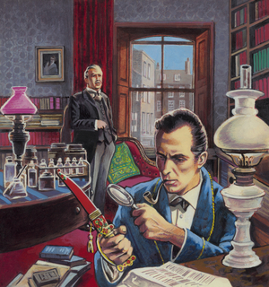 Sherlock Holmes in his study (gouache on paper)