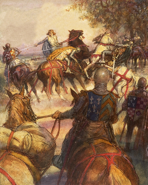 Charles VI of France, utterly mad, lunges with his sword at his followers, 1965 (gouache on paper)