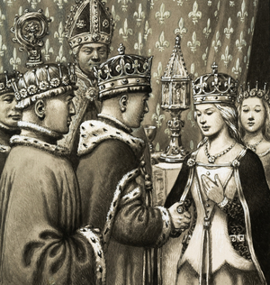The marriage of King Henry V and Princess Katherine of France, 1971 (gouache on paper)
