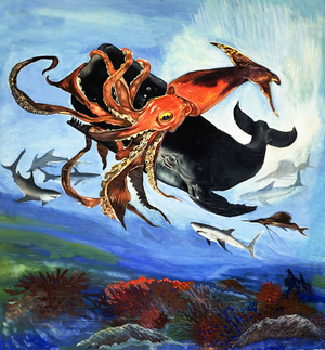 A giant squid fights for its life against the sharp teeth of a sperm whale, 1963 (gouache on paper)