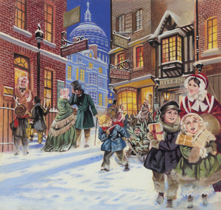 Dickensian Christmas Scene (gouache on paper)