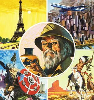 Montage including Eiffel Tower, aeroplane, Viking warrior, Indian and archaeologist