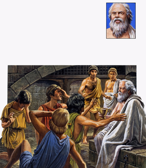 Surrounded by his sorrowing friends, the condemned man calmly took the cup of poison, 1981 (gouache on paper)