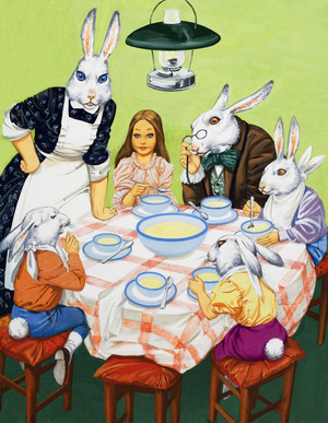 Taking tea with rabbits (gouache on paper)