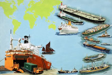 Montage of ships from the Very Large Crude Carrier to far smaller cargo and passenger ships