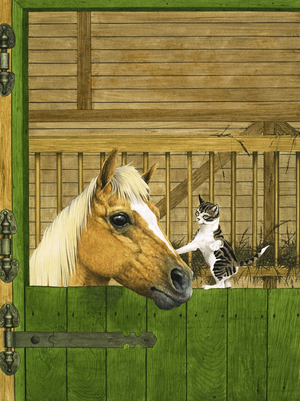 Unidentified horse and playful kitten