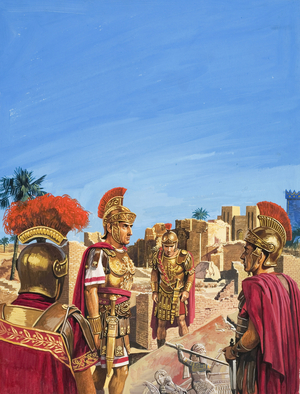 Romans admiring remnants of the Golden Age of Babylon (gouache on paper)