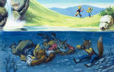 Bear, Wolf and Fox hiding under water (gouache on paper)