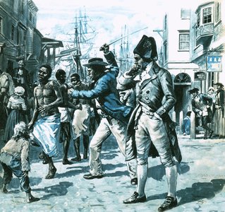 William Wilberforce watching a master mistreat his slaves at the dockside in Liverpool