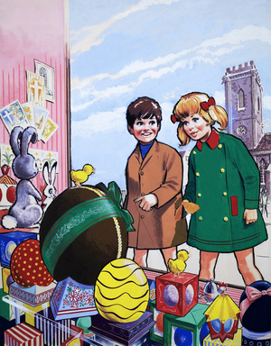 Children admiring an Easter display