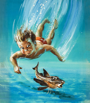 A young child diving as a tropical fish is startled (gouache on paper)